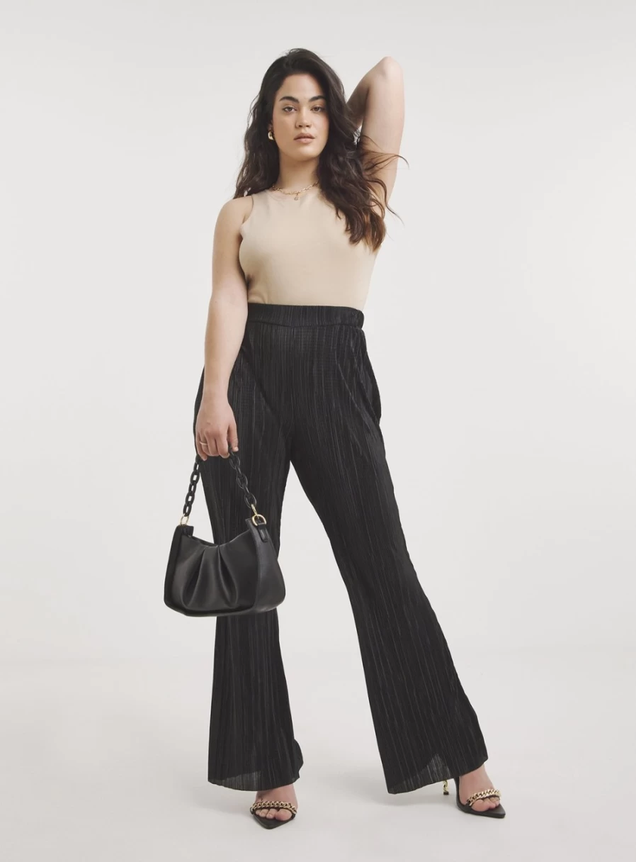 Simply Be Women's Black Plisse Wide Leg Trousers - Size 10 Comfort Fit Stretch Pants