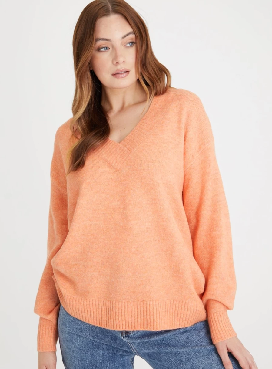 Tu Women's Orange Relaxed Fit V-Neck Knit Jumper - Size 8 Casual Comfort Sweater