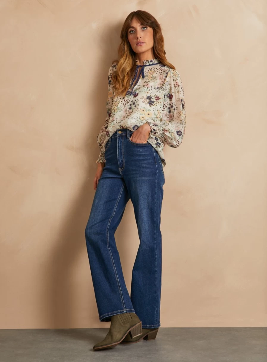 Everbelle Women's Floral Tie Neck Blouse - Stylish Floral Print Top for Women