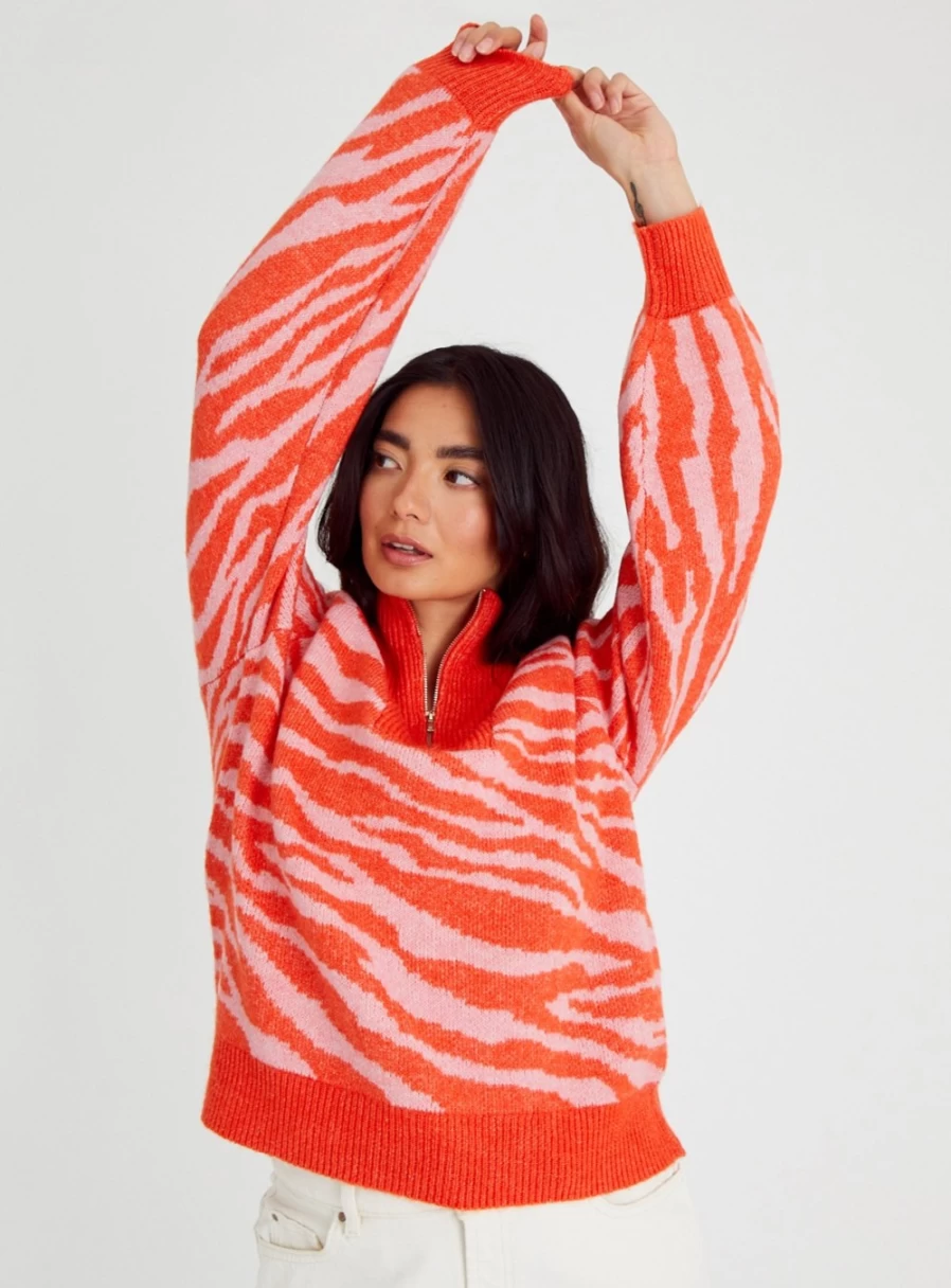 Tu Women's Red Zebra Stripe Half Zip Pullover Jumper - Trendy Knit Sweater