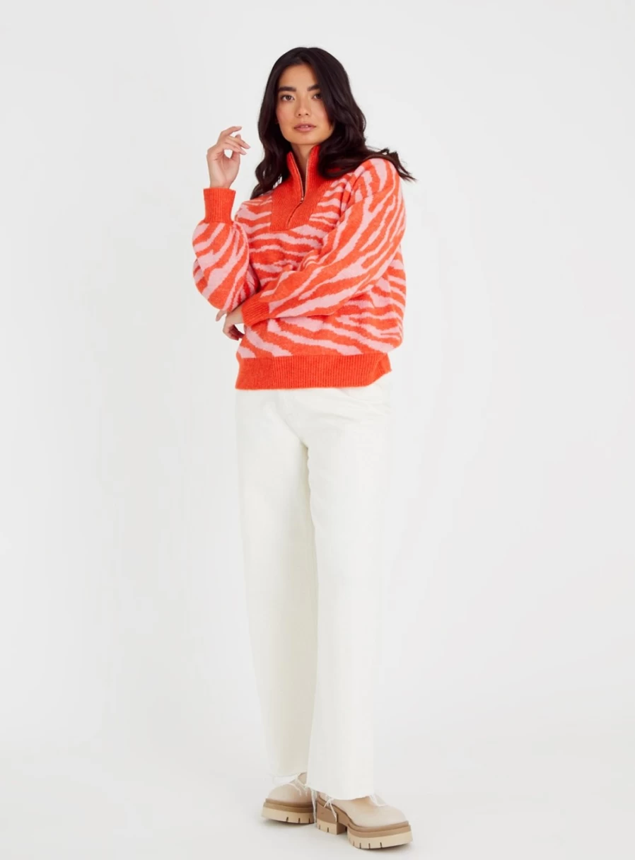 Tu Women's Red Zebra Stripe Half Zip Pullover Jumper - Trendy Knit Sweater