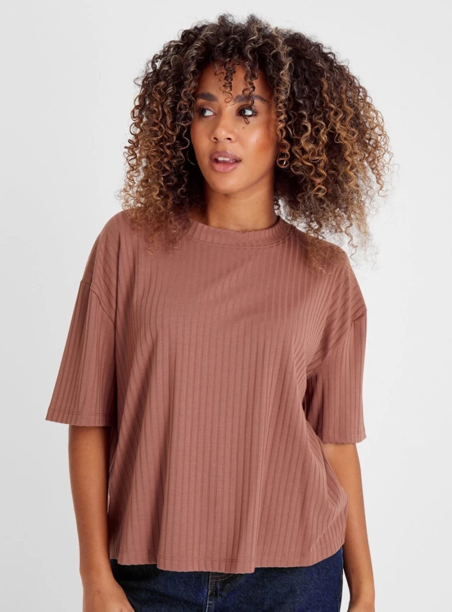 Tu Women's Brown Oversized Ribbed Cotton T-Shirt - Comfortable Stretch Fit Casual Top