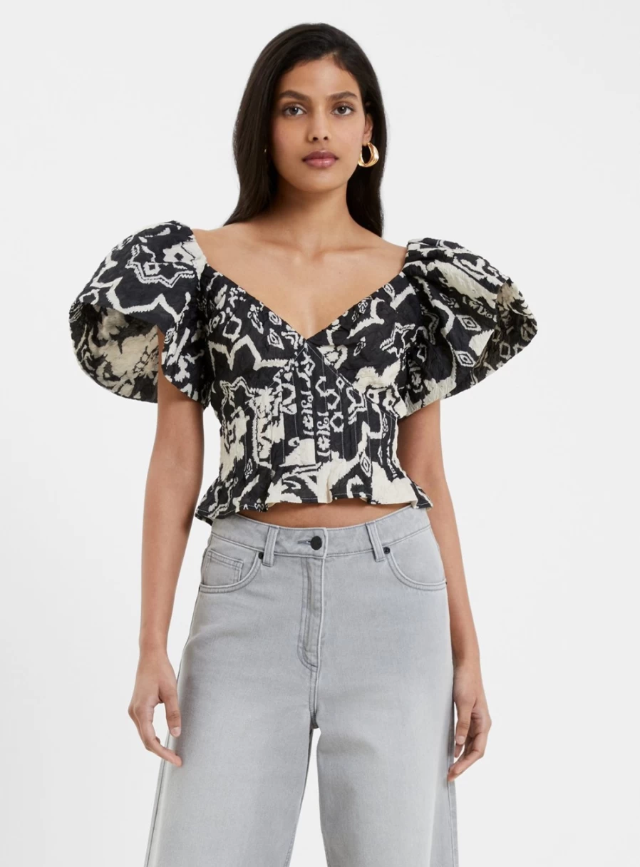 French Connection Women's Deon Candra Jacquard Blouse - Floral Printed Top Size 8