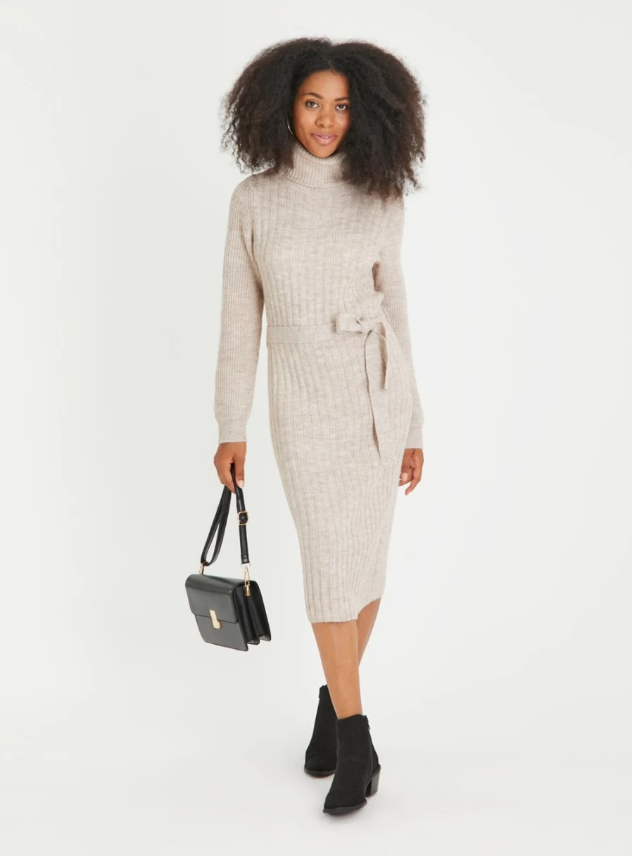 "TU Women's Oatmeal Belted Roll Neck Knit Dress - Cozy Winter Pullover Sweater Dress Size 20"