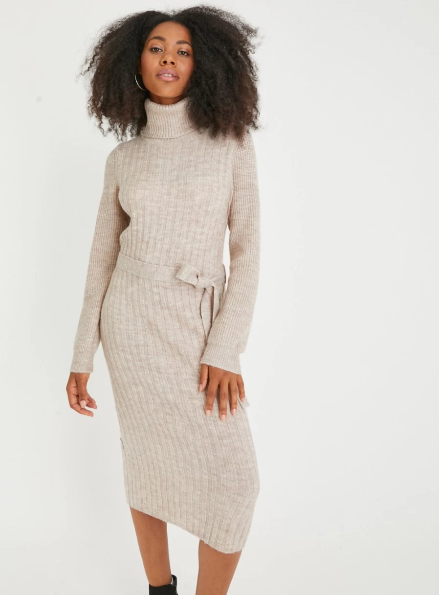 "TU Women's Oatmeal Belted Roll Neck Knit Dress - Cozy Winter Pullover Sweater Dress Size 20"