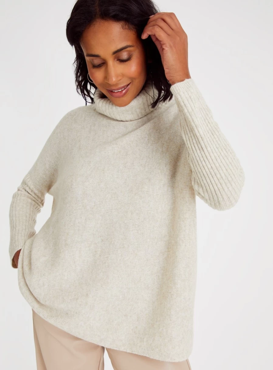 Tu Women's Oatmeal Roll Neck Knit Jumper - Soft 20 Gauge Winter Sweater