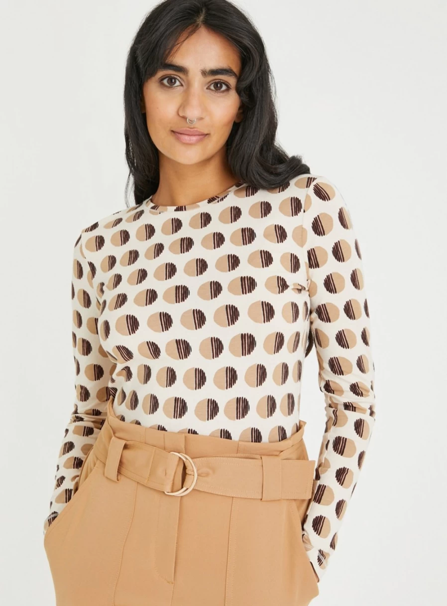 "Tu Women's Beige Abstract Spot Slim Fit Tencel Modal Top - Lightweight Casual Blouse"