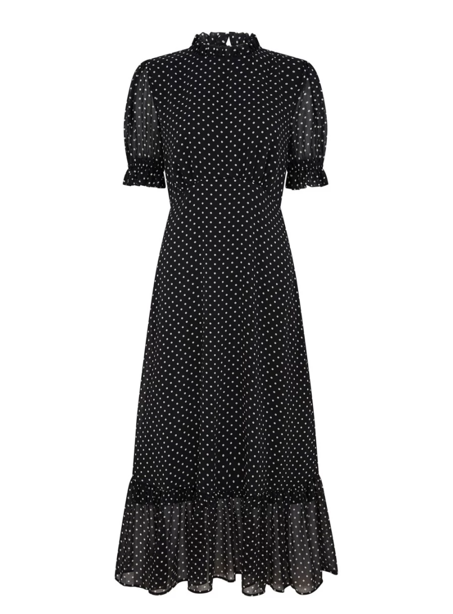 Finery Women's Camille Black Spot Midi Dress - Size 12 | Floral Print Casual Summer Dress