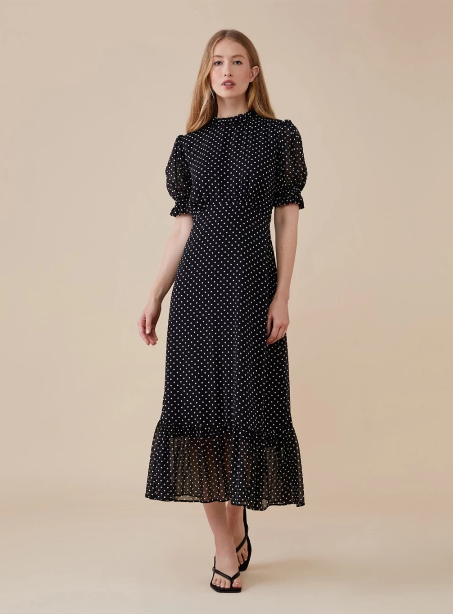 Finery Women's Camille Black Spot Midi Dress - Size 12 | Floral Print Casual Summer Dress