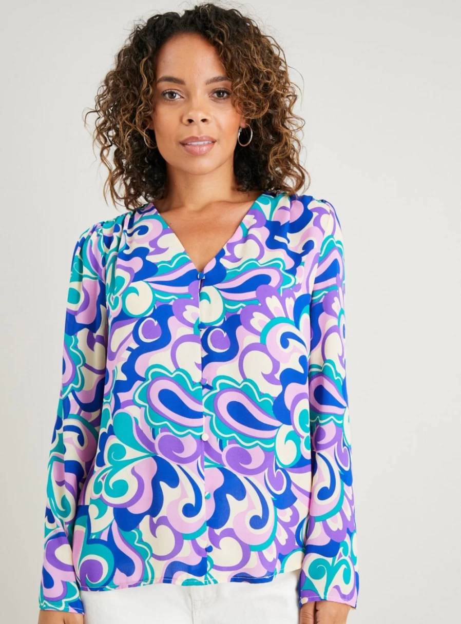 Tu Women's Purple Swirl Print Button-Down Blouse with Flowy Silhouette - Stylish Casual Top for Everyday Wear