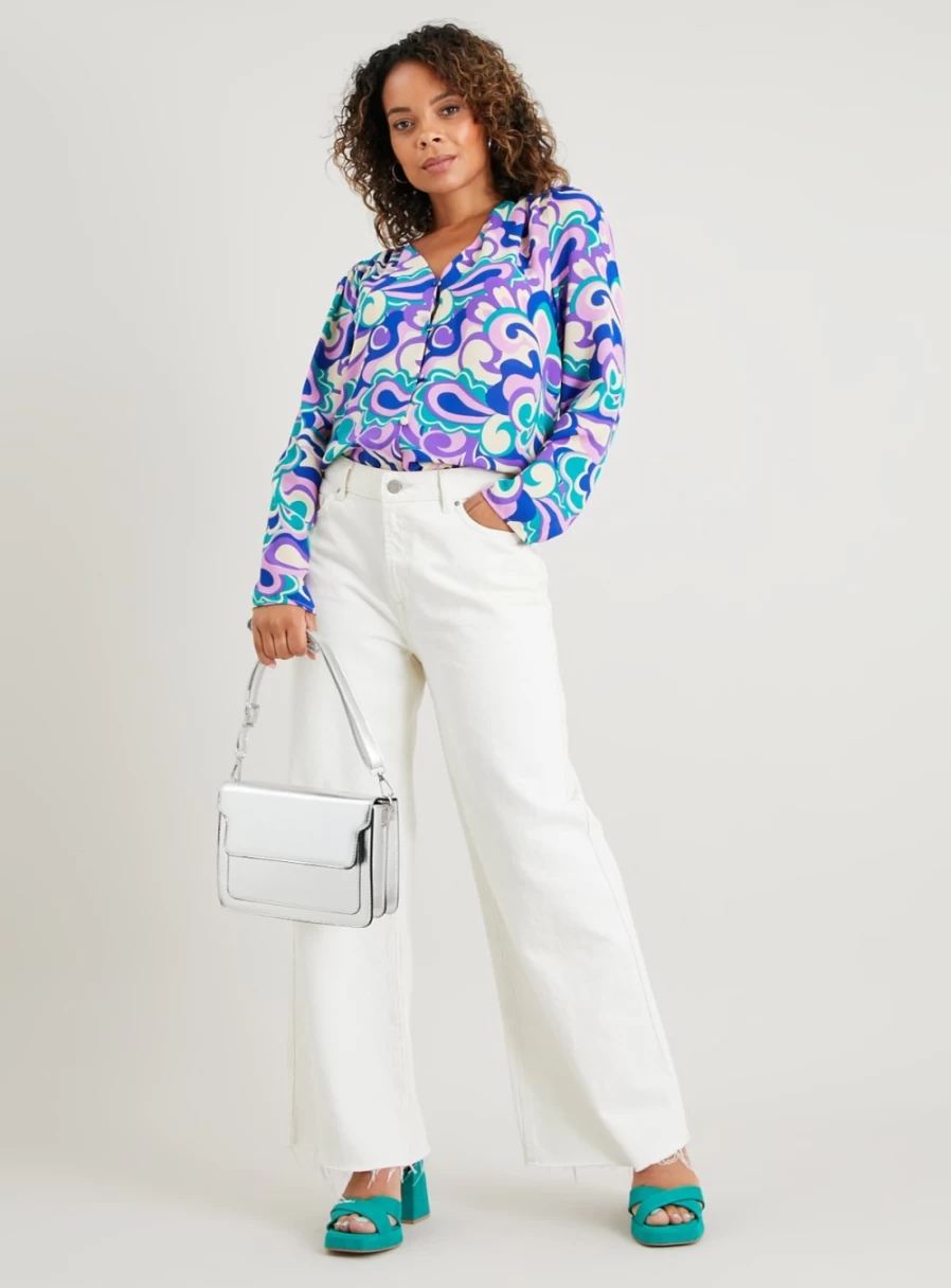 Tu Women's Purple Swirl Print Button-Down Blouse with Flowy Silhouette - Stylish Casual Top for Everyday Wear