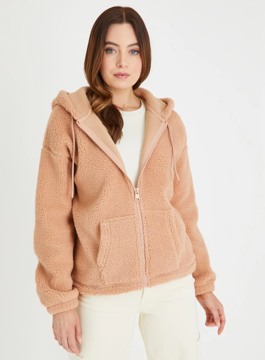 Tu Women's Tan Sherpa Zip-Through Hoodie - Cozy Fleece Jacket with Front Zipper