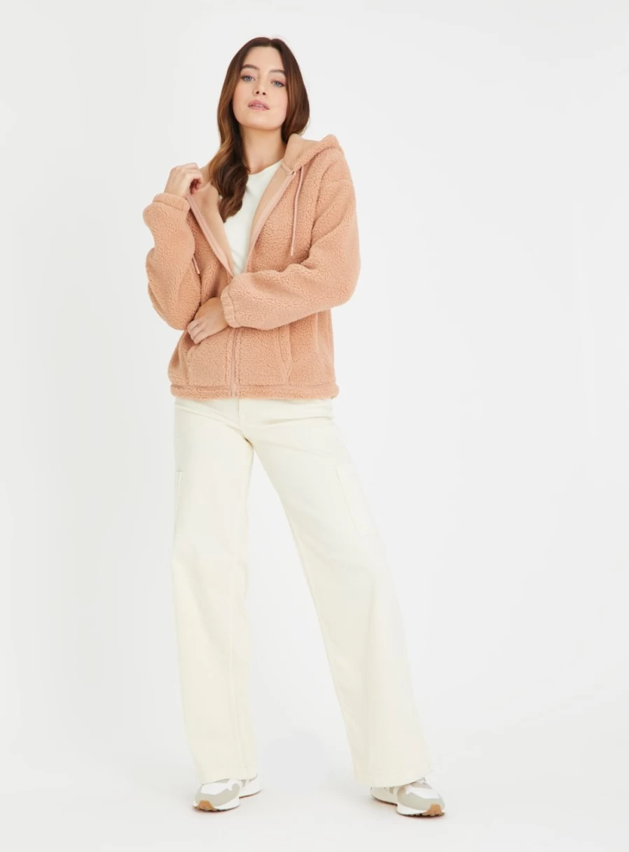 Tu Women's Tan Sherpa Zip-Through Hoodie - Cozy Fleece Jacket with Front Zipper