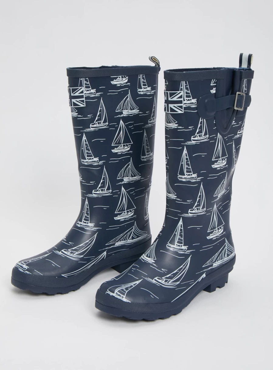 Women's Navy Blue Nautical Sailboat Print Rain Boots - Waterproof Wellington Boots by Tu