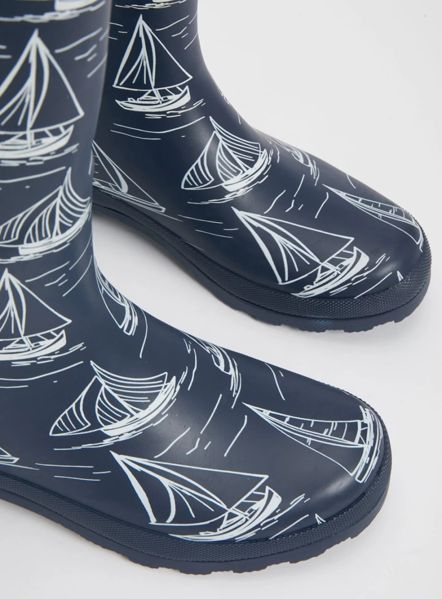 Women's Navy Blue Nautical Sailboat Print Rain Boots - Waterproof Wellington Boots by Tu