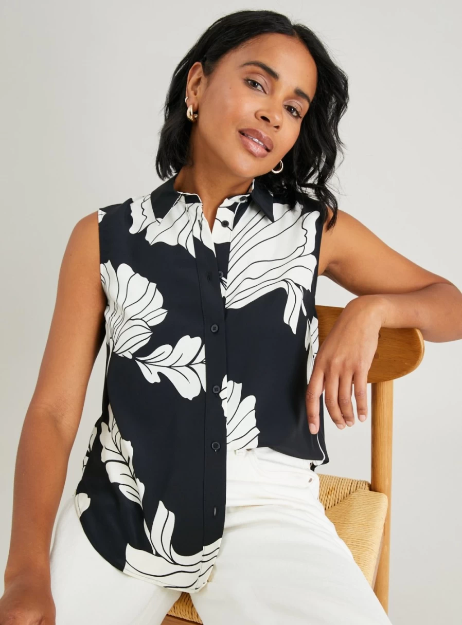 Tu Women's Mono Floral Print Regular Fit Sleeveless Shirt - Casual Summer Top