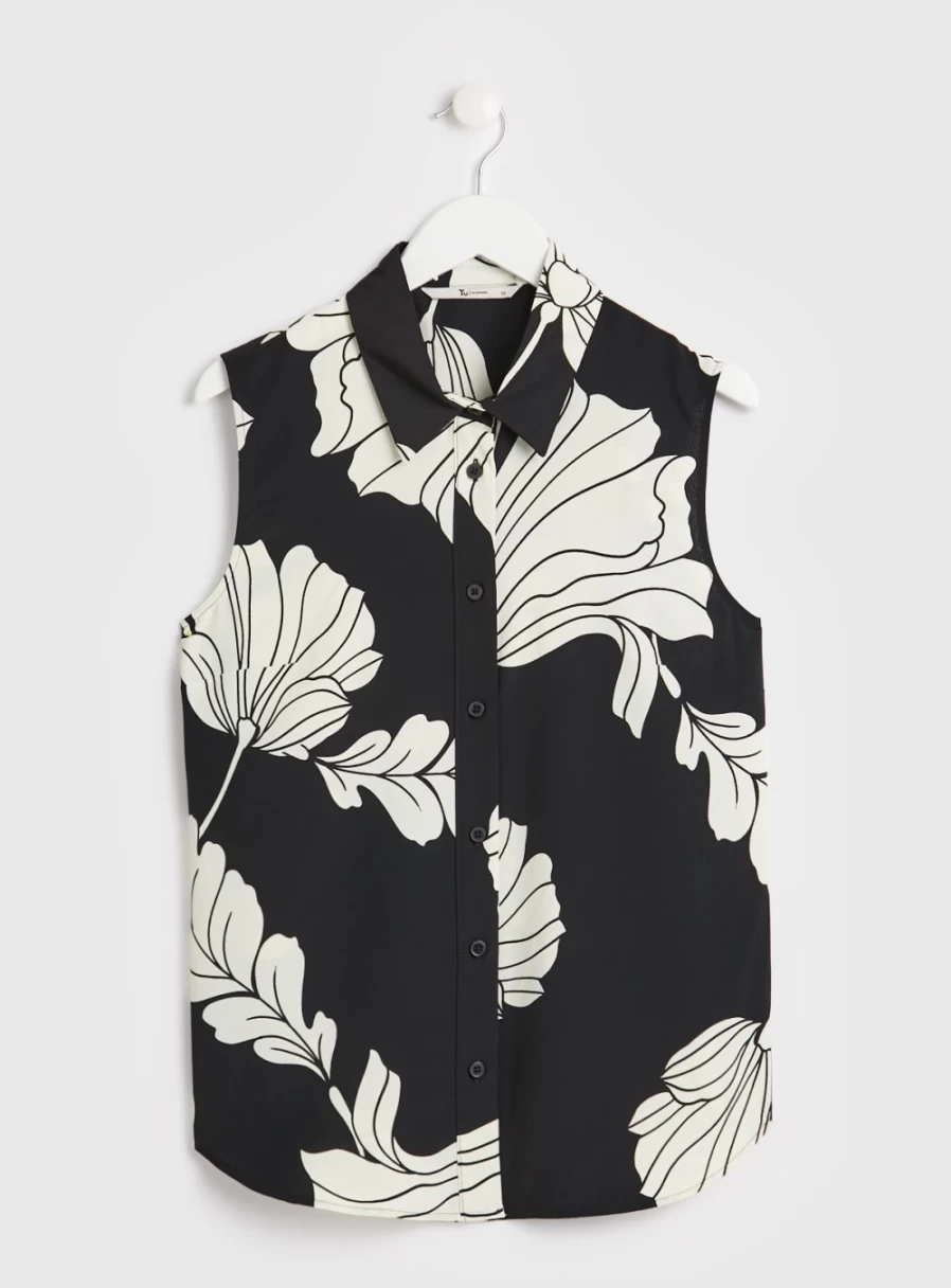 Tu Women's Mono Floral Print Regular Fit Sleeveless Shirt - Casual Summer Top