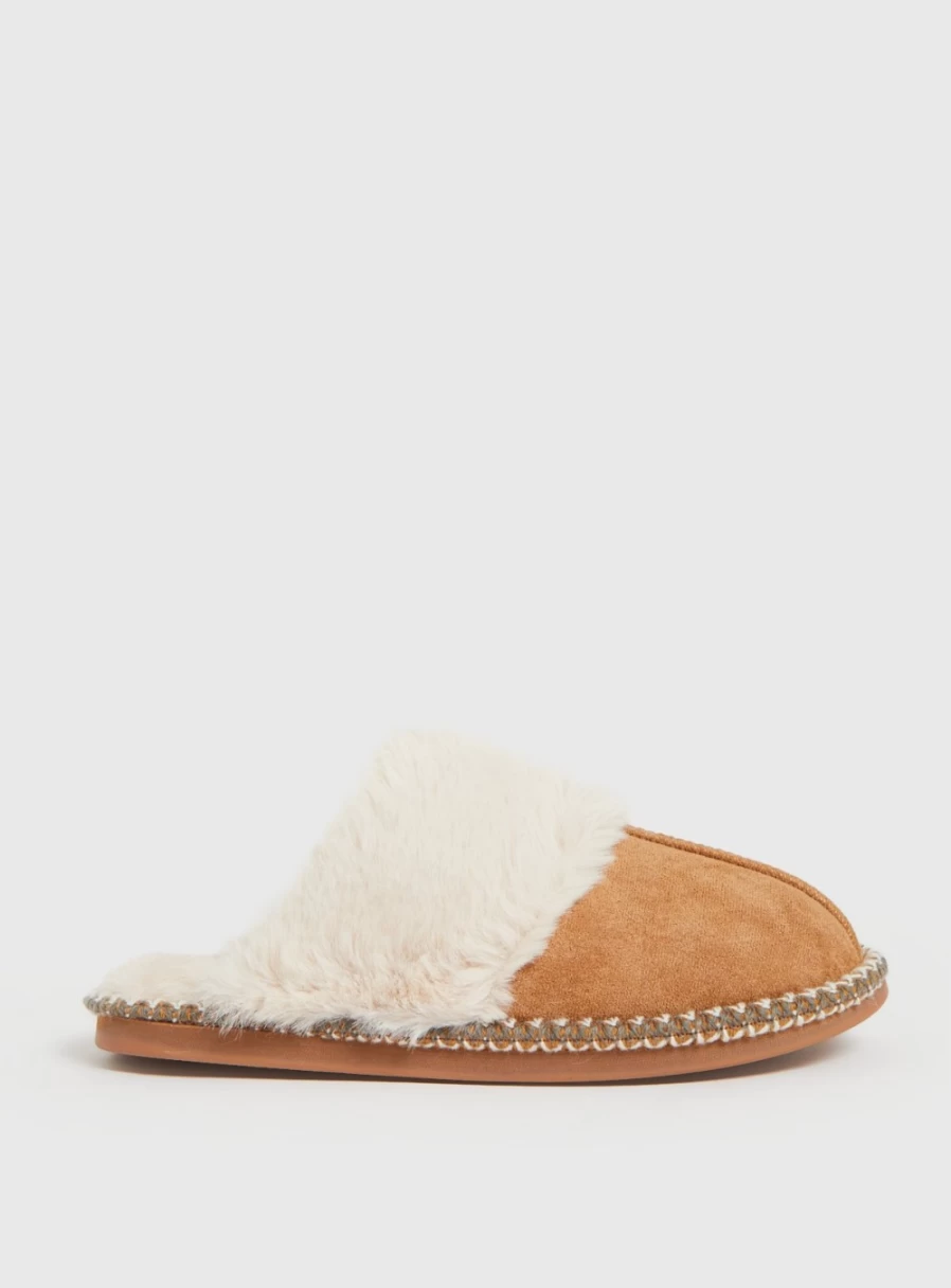 "TU Women's Tan Contrast Stitch Mule Slippers – Comfortable Slide-On House Shoes"