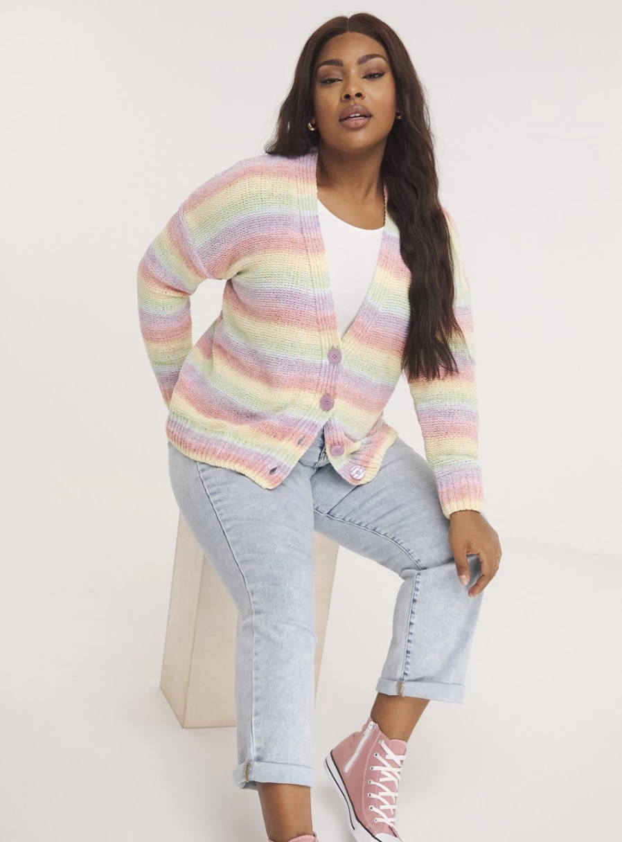 Simply Be Women's Rainbow Striped Chenille Cardigan - Soft Knit Sweater, Plus Size 24-26, Cozy Long Sleeve Open Front