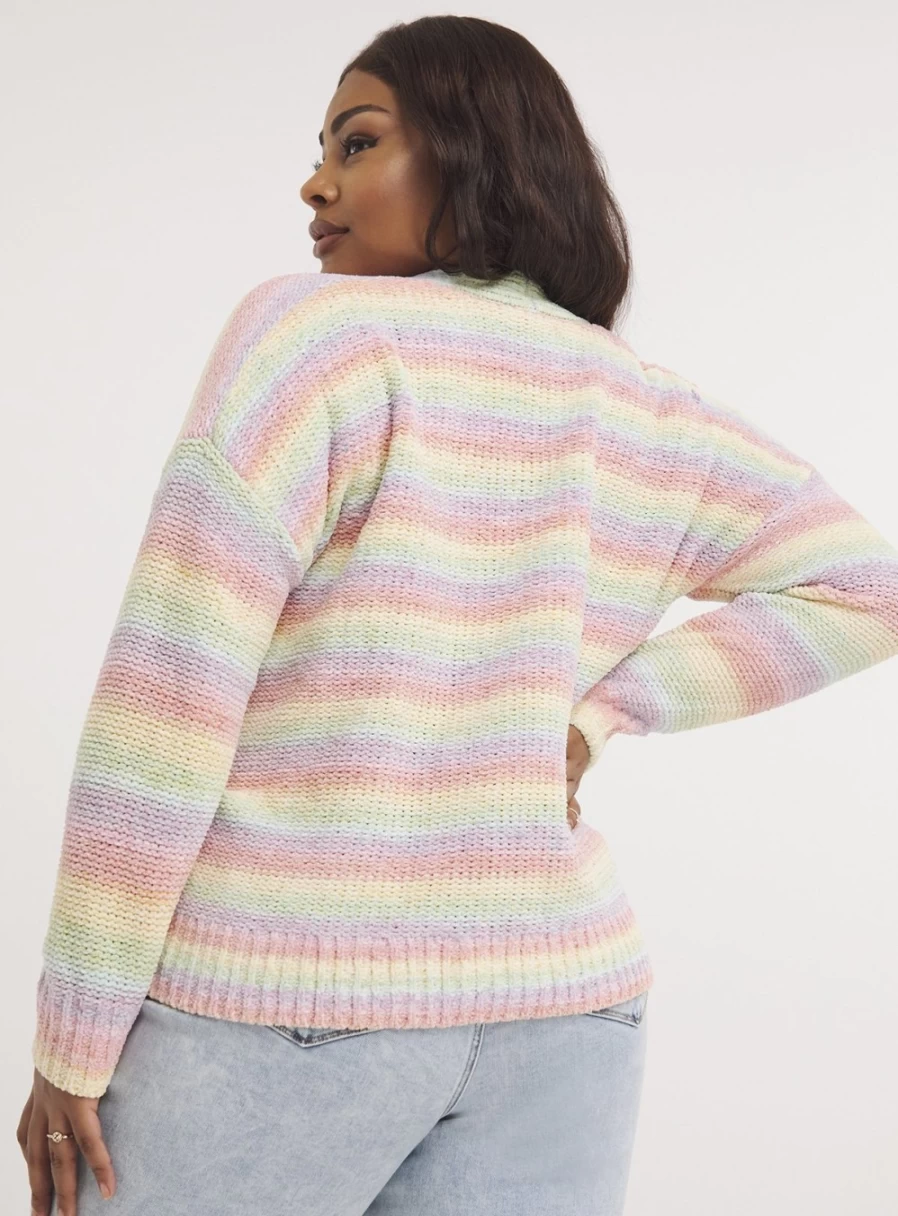 Simply Be Women's Rainbow Striped Chenille Cardigan - Soft Knit Sweater, Plus Size 24-26, Cozy Long Sleeve Open Front