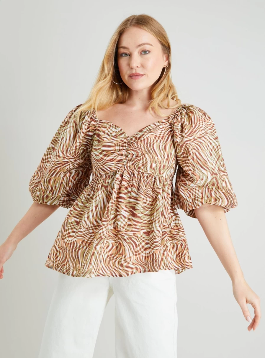 Tu Women's Aztec Print Puff Sleeve Blouse - Boho Chic Tribal Top