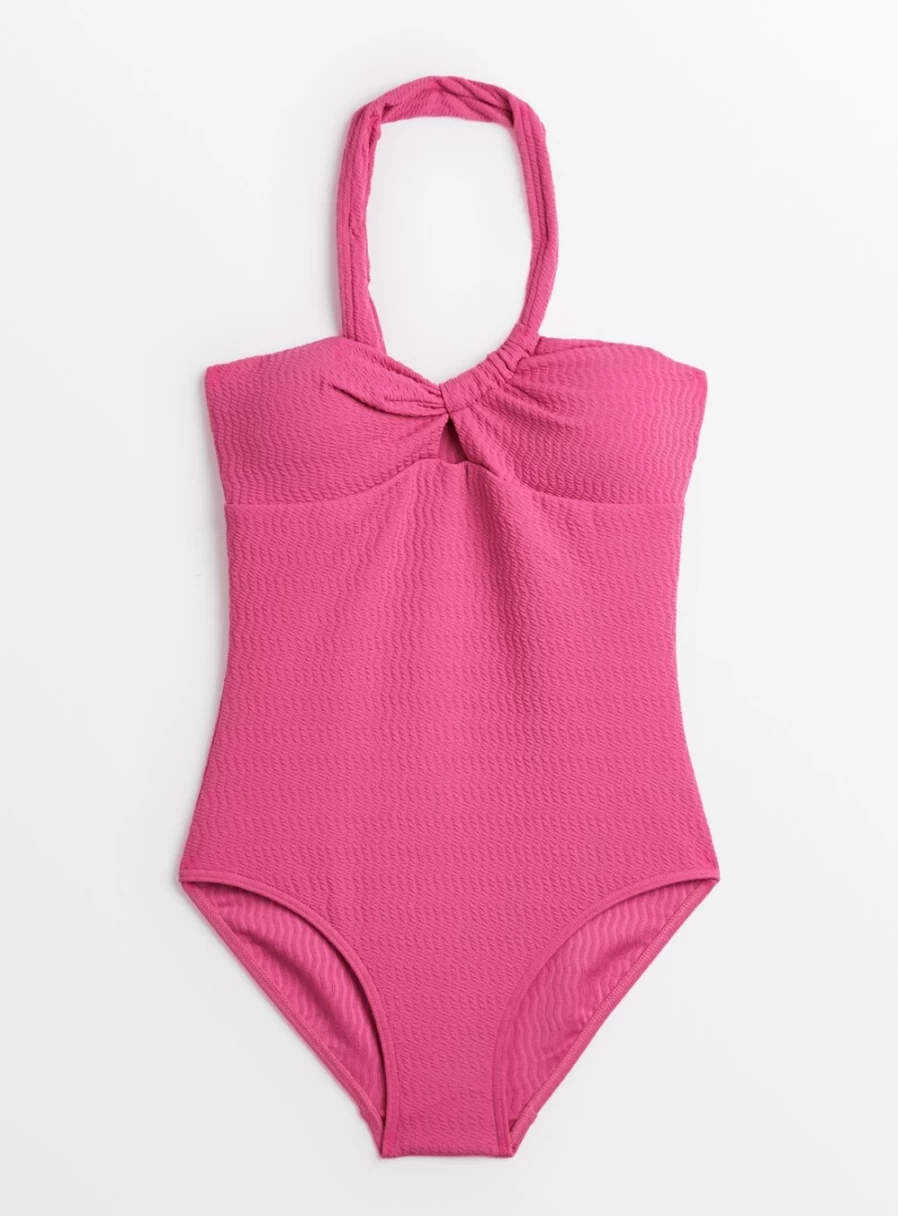 "Tu Women's Pink Asymmetrical Textured Swimsuit - Trendy One-Piece Bathing Suit"