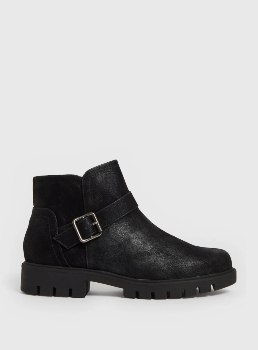 Tu Women's Black Faux Suede Chunky Heel Ankle Boots with Buckle Detail