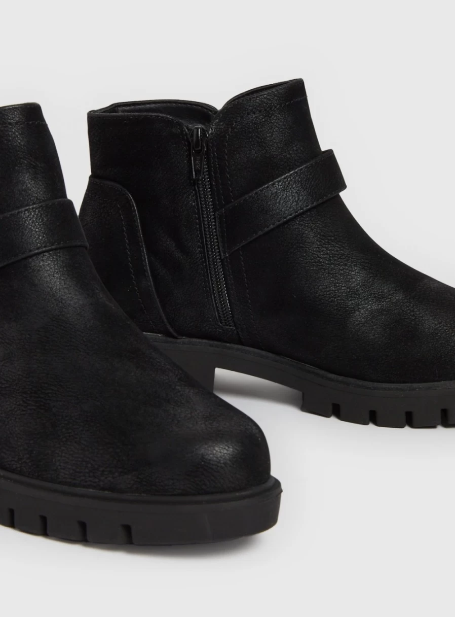 Tu Women's Black Faux Suede Chunky Heel Ankle Boots with Buckle Detail