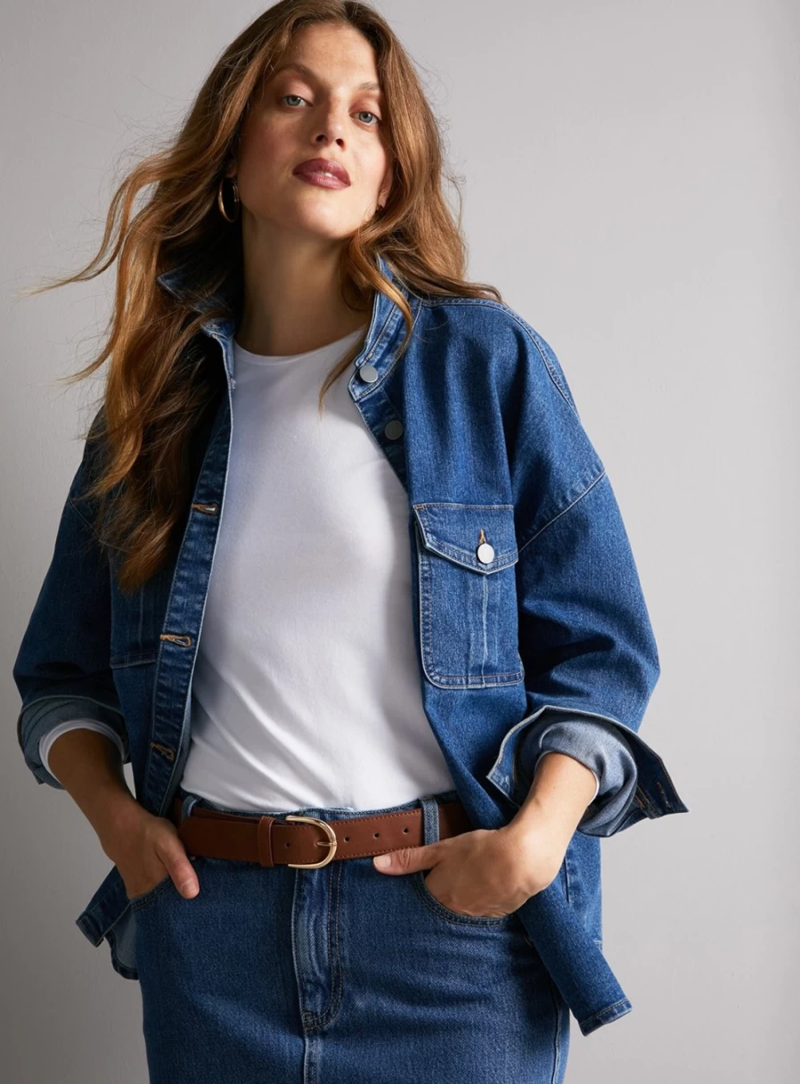 Tu Women's Blue Oversized Denim Shirt - Stylish Loose Fit Long Sleeve Top for Casual Wear