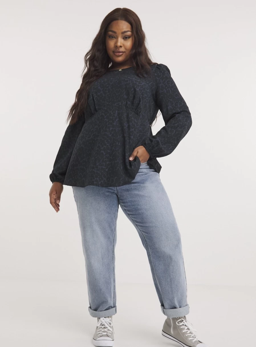 Simply Be Women's Navy Animal Print Long Sleeve A-Line Blouse - Size 10