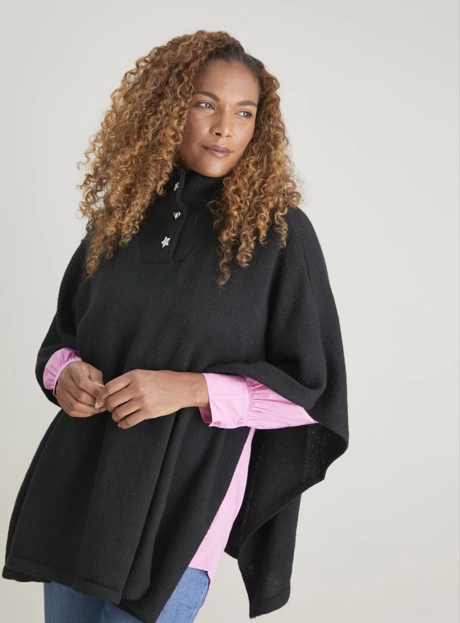 Tu Women's Black Diamant Button Poncho - One Size Cozy Elegant Cape