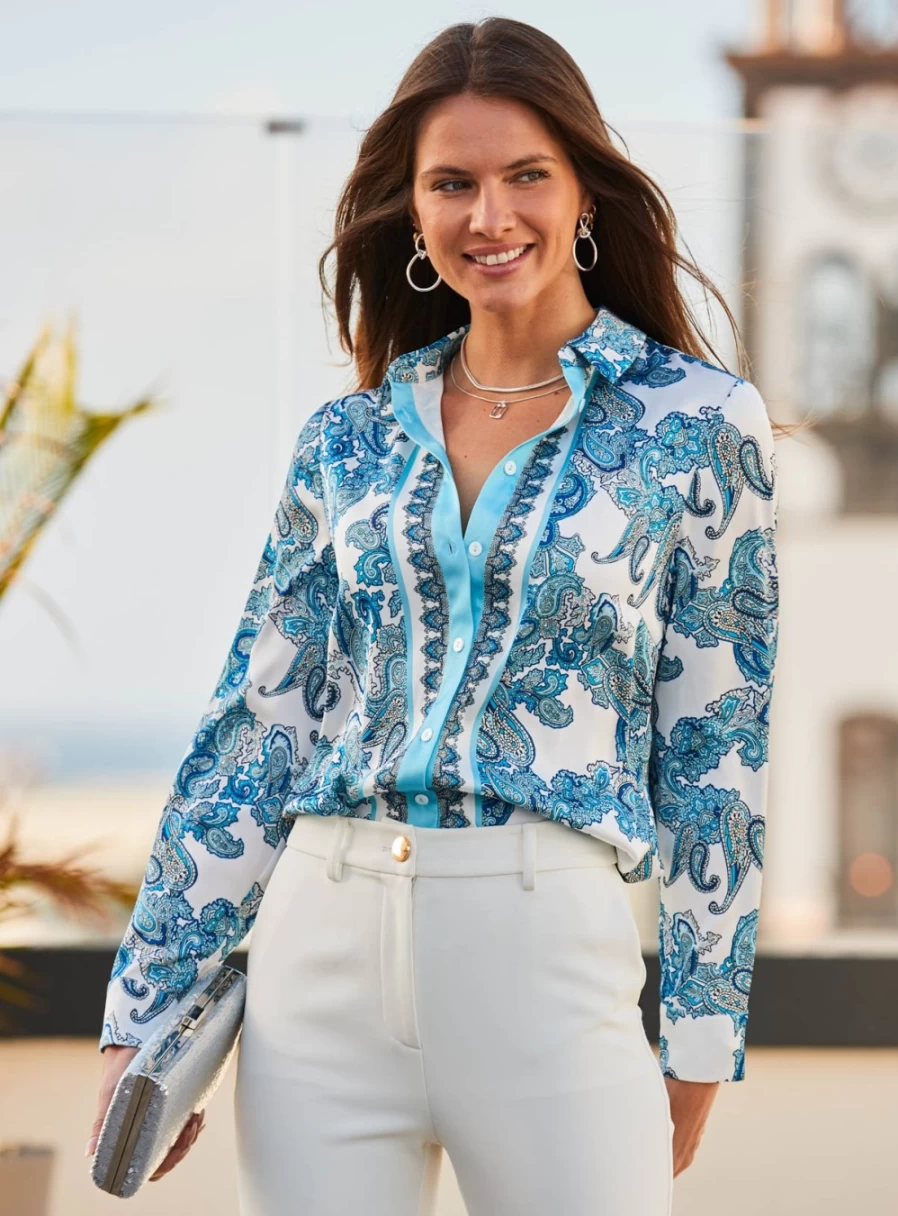Sosandar Women's Blue Satin Scarf Print Shirt - Stylish Conversational Blouse Size 18