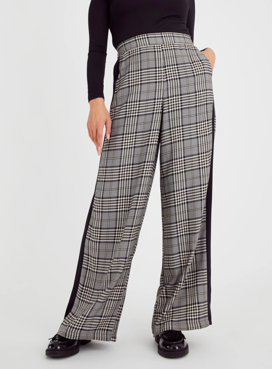 Tu Women's Mono Check High-Waist Trousers with Side Stripe - Casual Slim Fit Pants