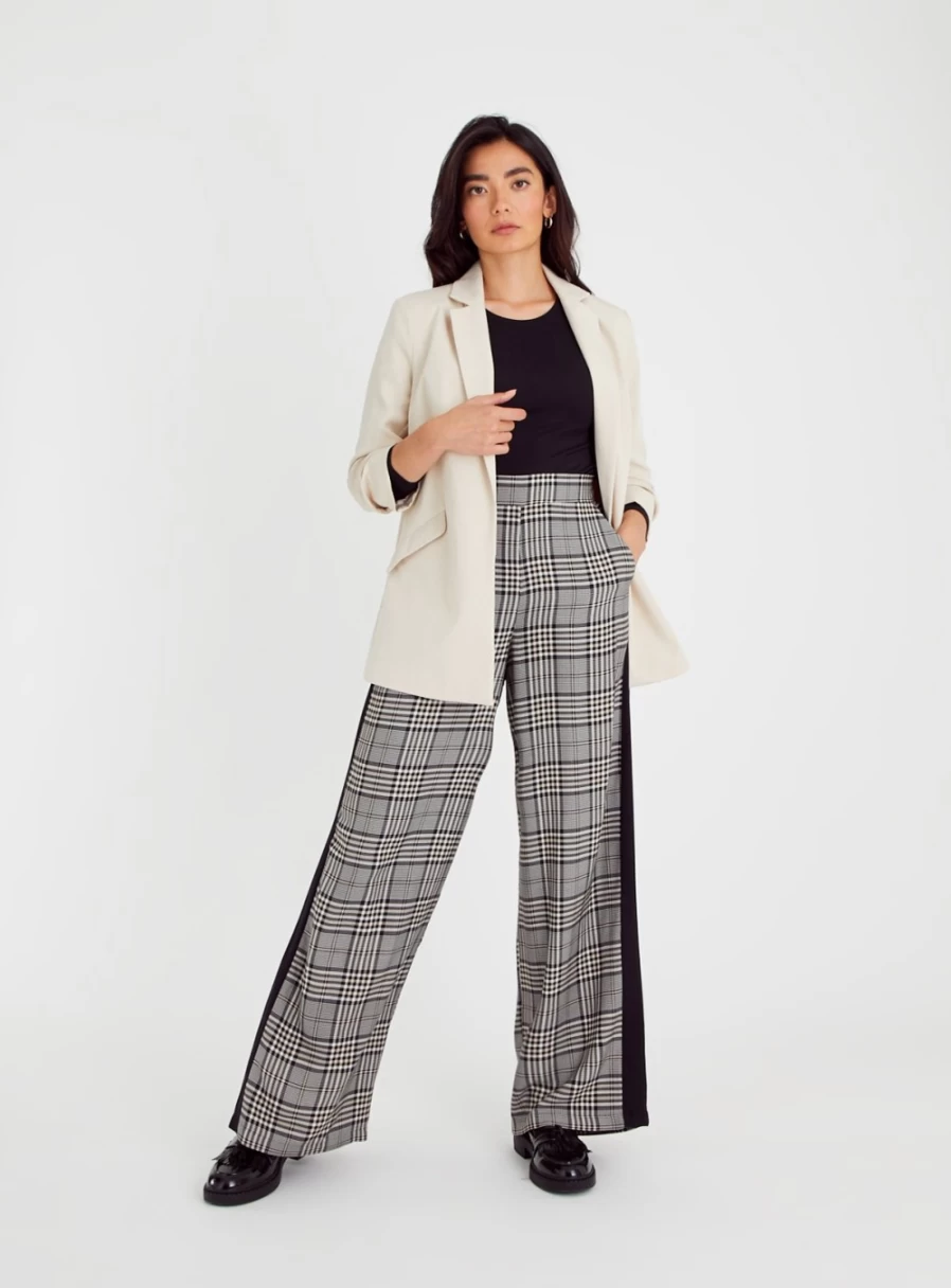 Tu Women's Mono Check High-Waist Trousers with Side Stripe - Casual Slim Fit Pants