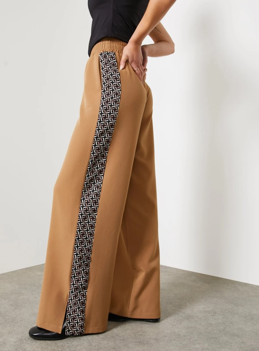 "For All The Love Women's Brown Printed Wide Leg Trousers with Side Stripe - Size 8"