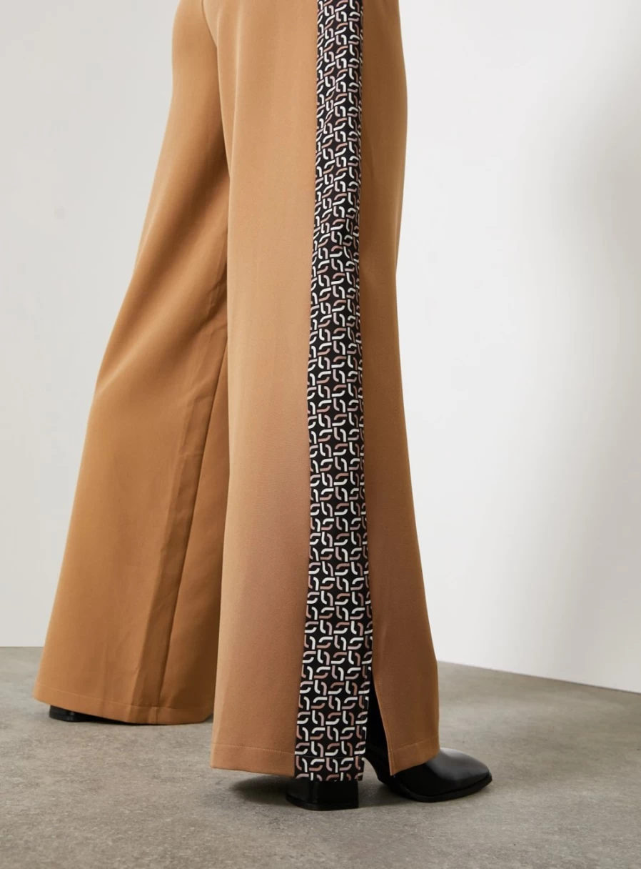 "For All The Love Women's Brown Printed Wide Leg Trousers with Side Stripe - Size 8"