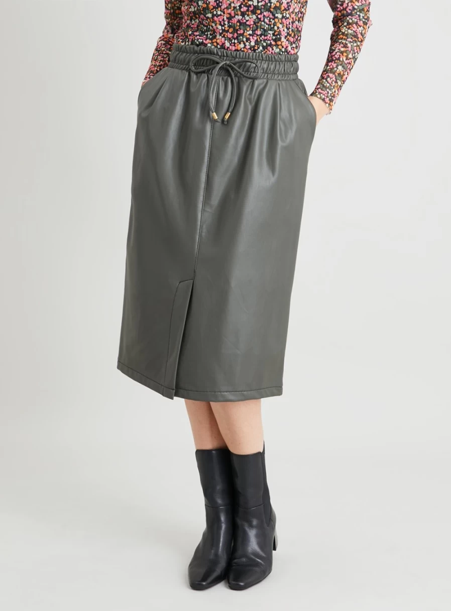 Tu Women's Khaki Faux Leather High Waist Pencil Skirt - Size 12 Midi Slim Fit Stretch Vegan Leather Skirt