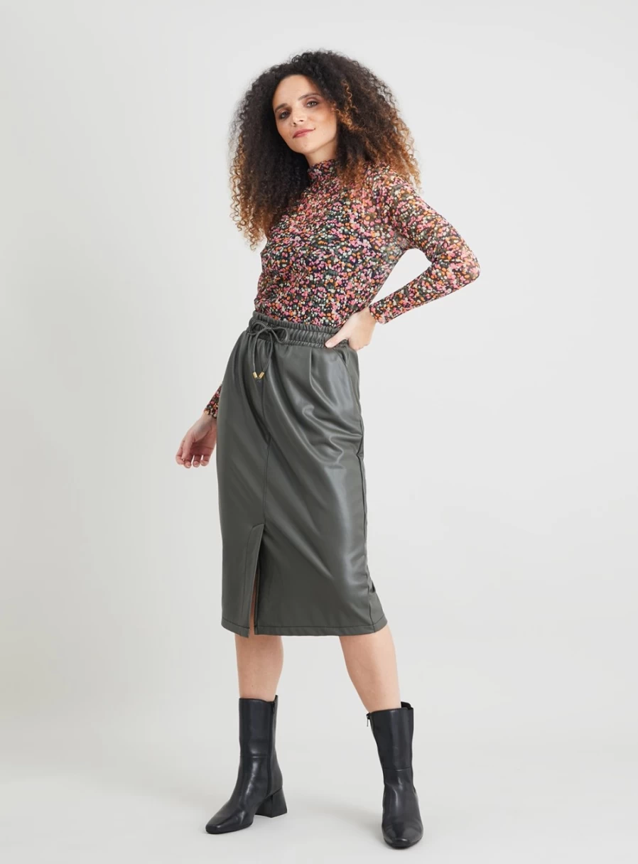 Tu Women's Khaki Faux Leather High Waist Pencil Skirt - Size 12 Midi Slim Fit Stretch Vegan Leather Skirt
