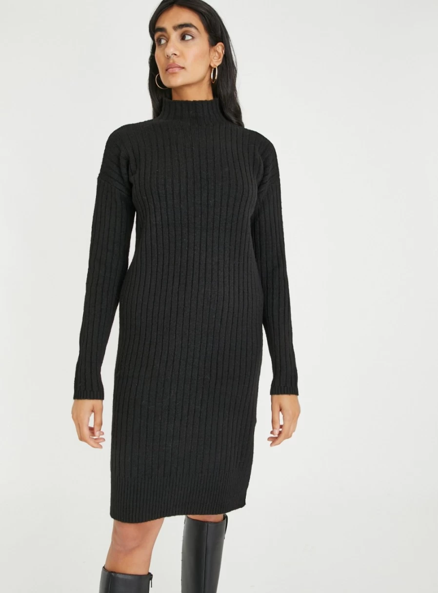 Tu Women's Black High Neck Dress - Elegant 20 Style Slim Fit Long Sleeve Party Wear