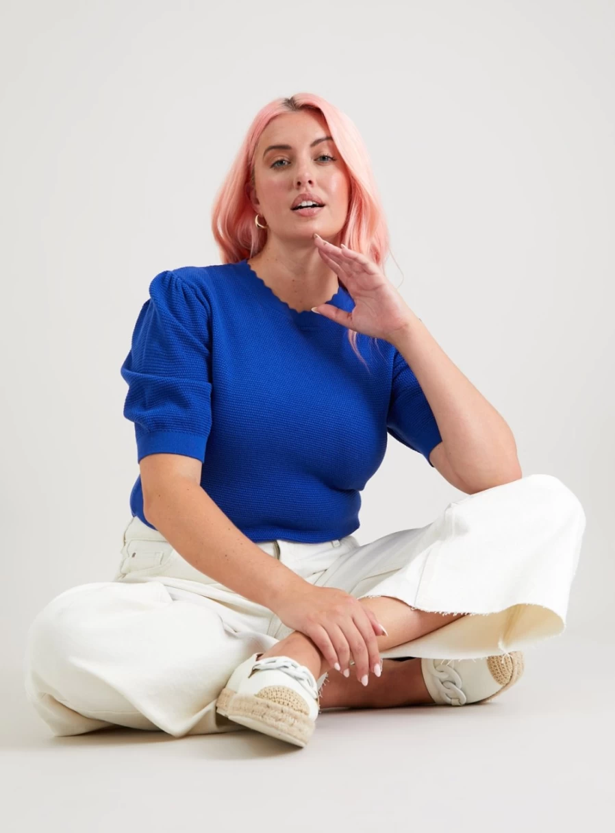 "Tu Women's Blue Scalloped Textured Knit Top - Stylish Casual Blouse"