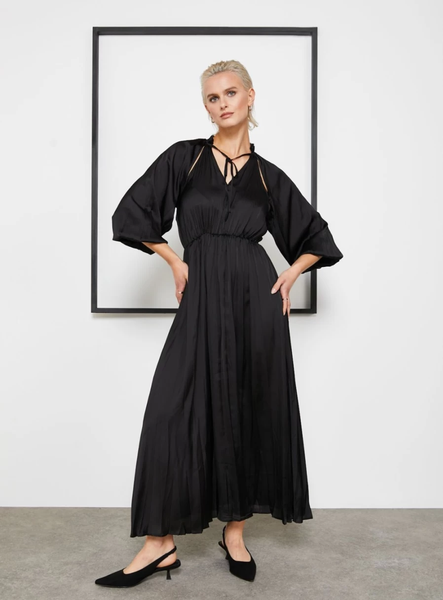 "For All The Love Women's Black Crushed Satin Tie-Front Midaxi Dress - Elegant Floaty Style Size 14"
