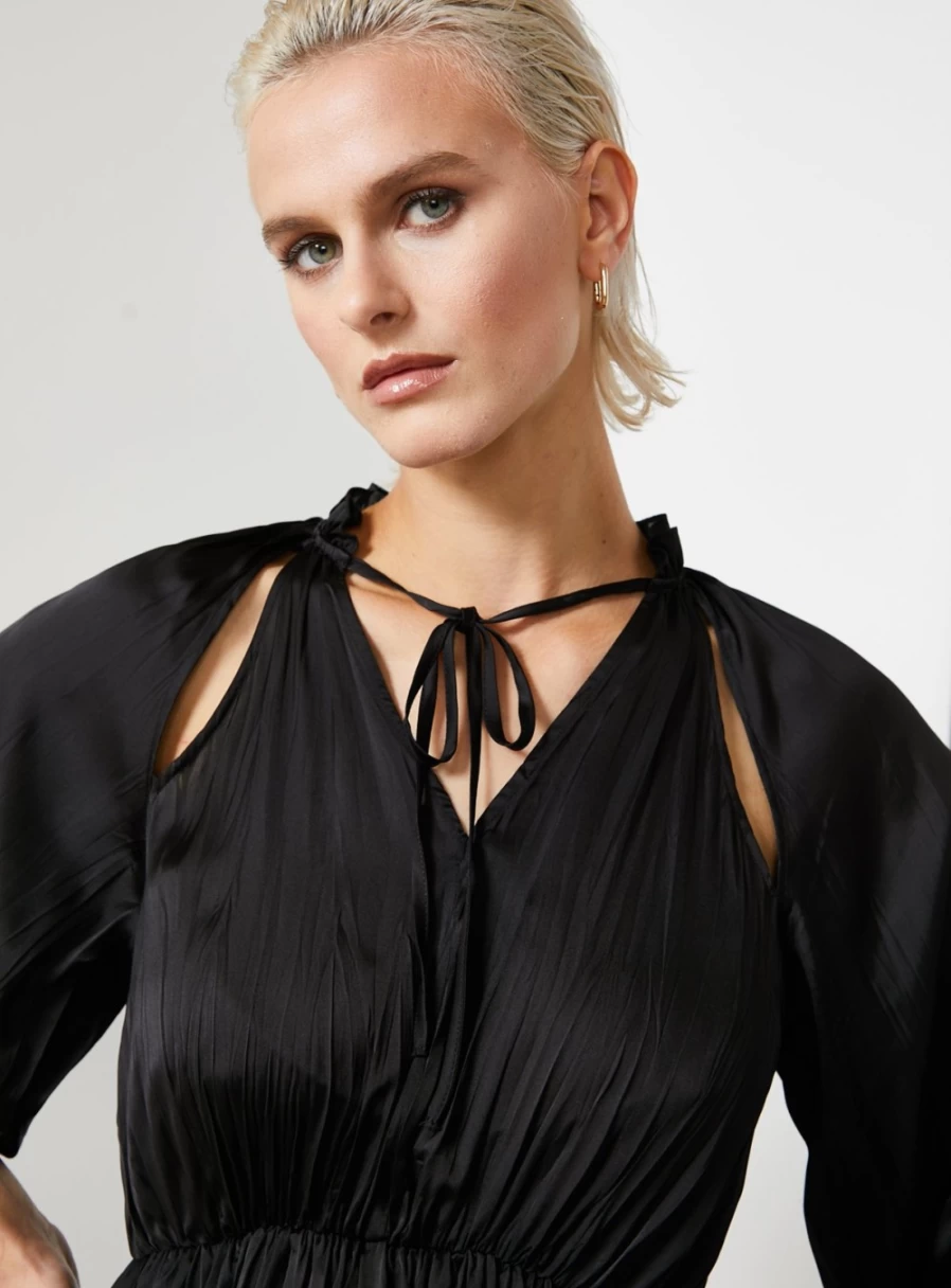 "For All The Love Women's Black Crushed Satin Tie-Front Midaxi Dress - Elegant Floaty Style Size 14"
