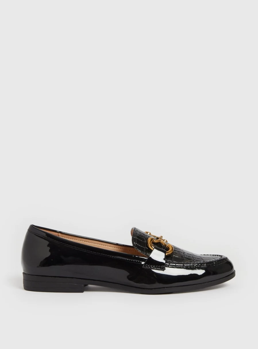 Tu Women's Black Mock Croc Patent Leather Loafers with Snaffle Detail - Sole Comfort Slip-On Shoes