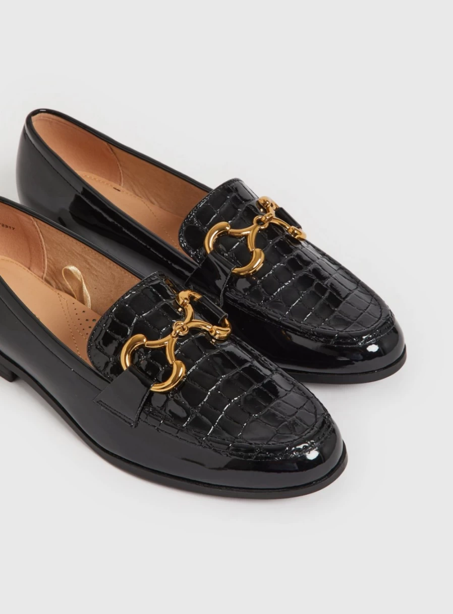 Tu Women's Black Mock Croc Patent Leather Loafers with Snaffle Detail - Sole Comfort Slip-On Shoes