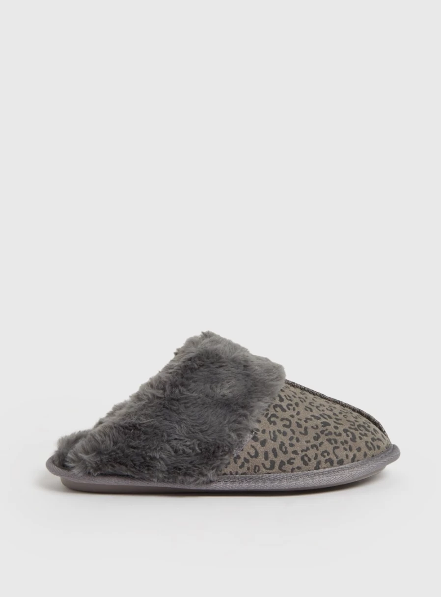 "Totes Women's Grey Leopard Print Suede Mule Slippers with Faux Fur Linings"