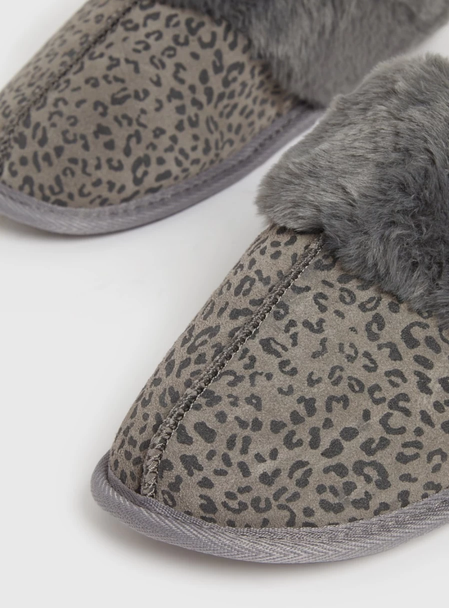 "Totes Women's Grey Leopard Print Suede Mule Slippers with Faux Fur Linings"
