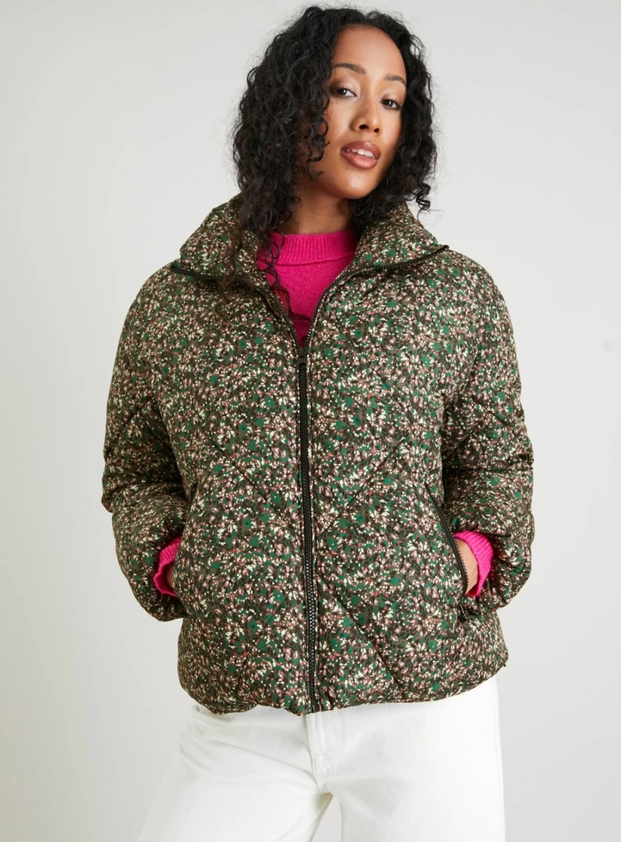 Tu Women's Green Ditsy Floral Padded Bomber Jacket Cozy Winter Outerwear