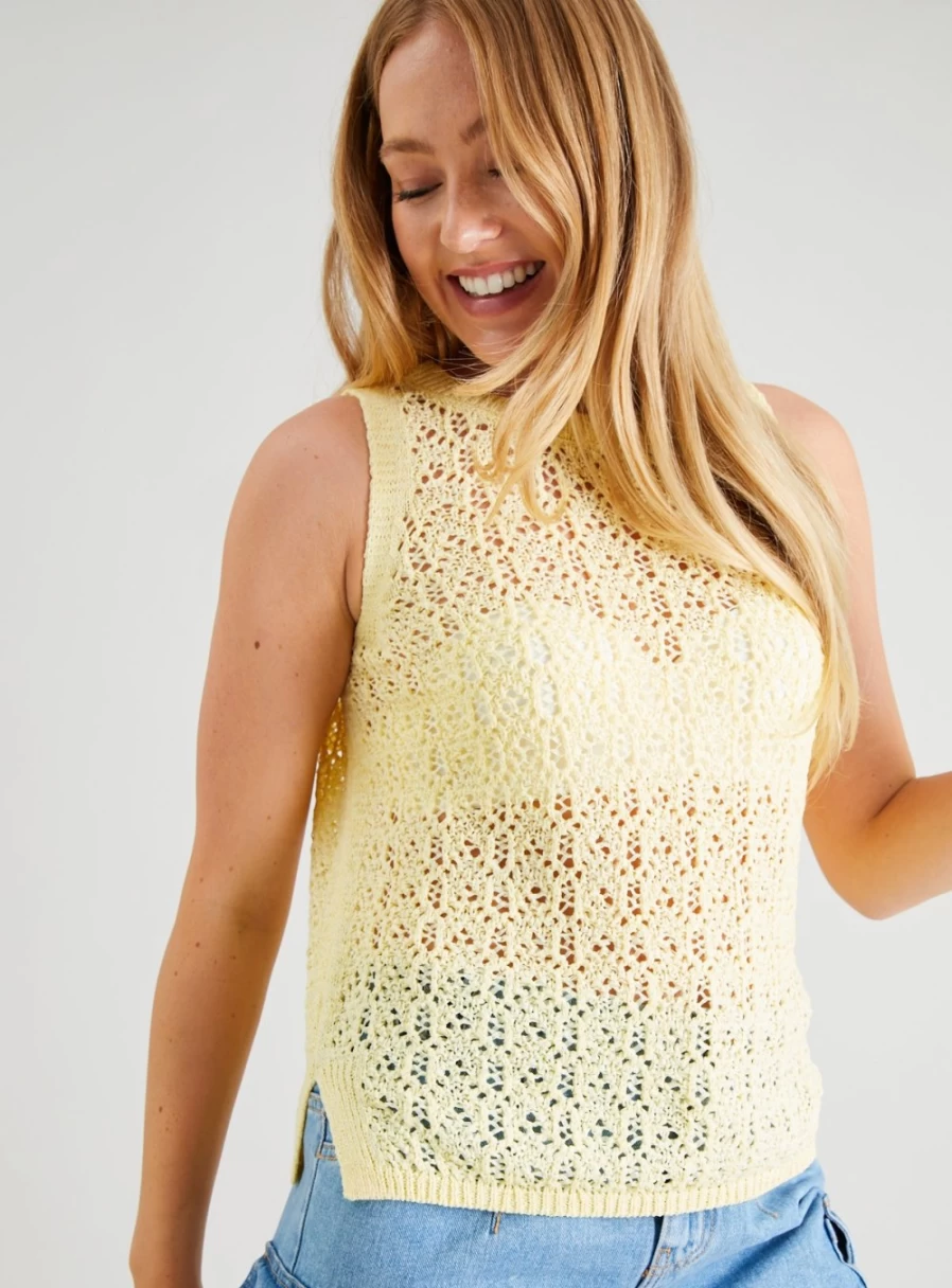 "Tu Women's Yellow Knitted Stitch Tank Top - Summer Casual Fashion 2023"