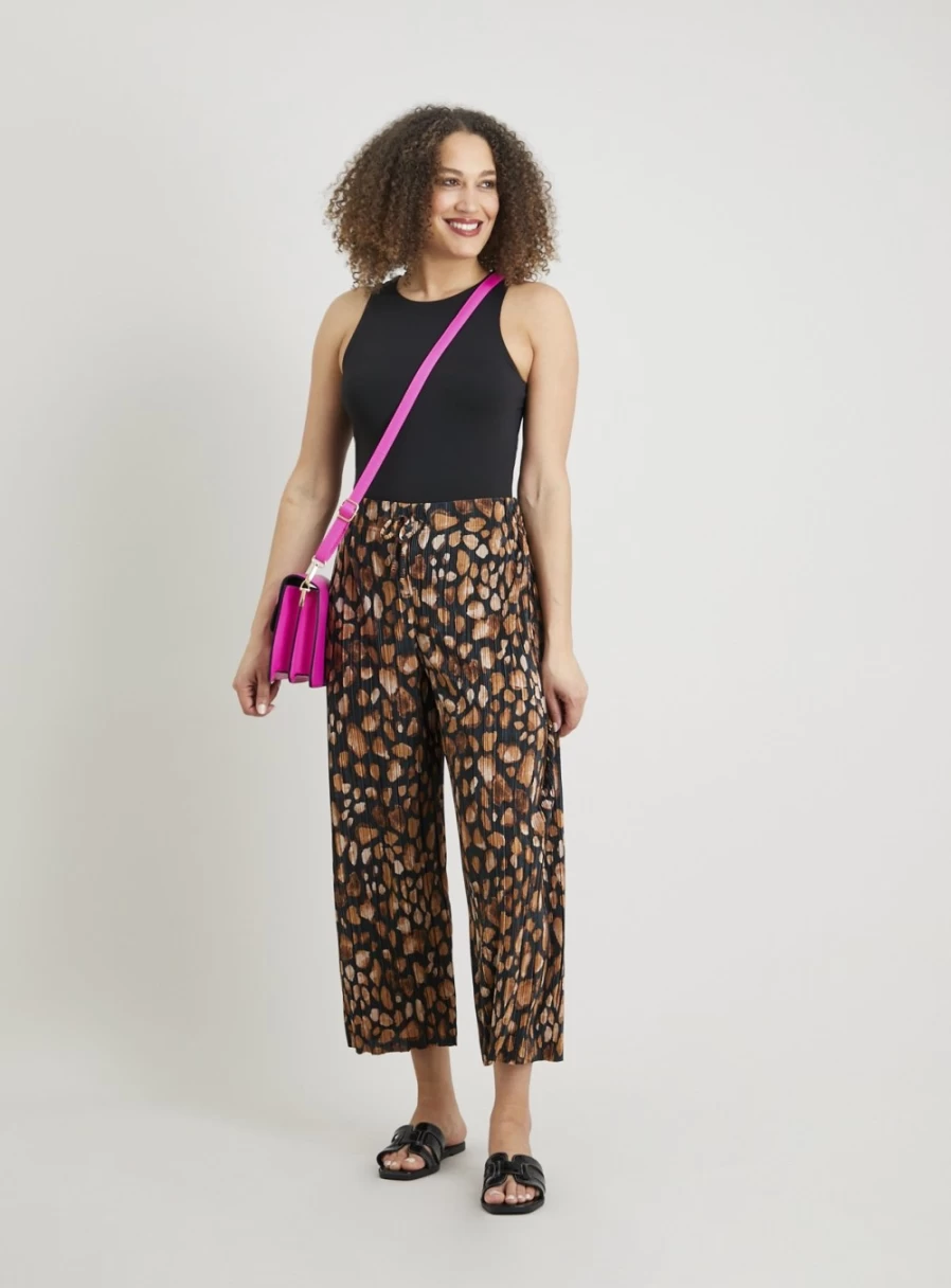 Tu Women's Animal Print Plisse Wide Leg Palazzo Trousers - 16S Stretch Comfort Fit High Waist Fashion Pants