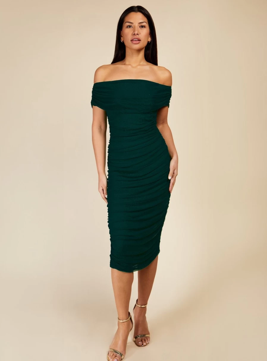 Little Mistress Women's Green Bardot Midi Dress - Size 10 | Floral Summer Party Outfit